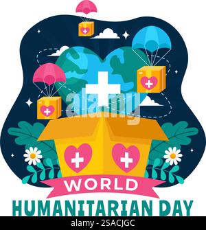 World Humanitarian Day Vector Illustration featuring a Global Celebration of Helping People, Charity, Donations, and Volunteering on a Flat Background Stock Vector