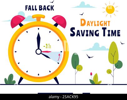 Daylight Saving Time Vector Illustration with Alarm Clock and Calendar Transitioning from Summer to Fall in a Flat Style Cartoon Background Design Stock Vector