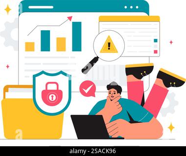 Vulnerability and Threat Management Solutions Vector Illustration featuring Data Breach Security Attack, Hacker Fraud, and Coding Issues in background Stock Vector