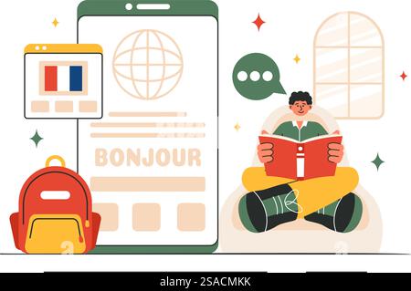 Language School Vector Illustration of Online Learning, Courses, Training Programs, and Studying Foreign Languages Abroad in a Flat Style Background Stock Vector