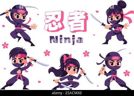 Translation : Ninja Vector Illustration featuring a Ninja Shinobi Character from Japan in a Flat Cute Style Cartoon Background Stock Vector