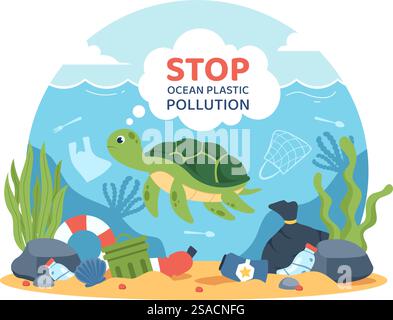 Stop Ocean Plastic Pollution Vector Illustration with Trash Under the Sea like a Waste Bags and Bottles, Harming the Ecosystem of Fish and Coral Reefs Stock Vector