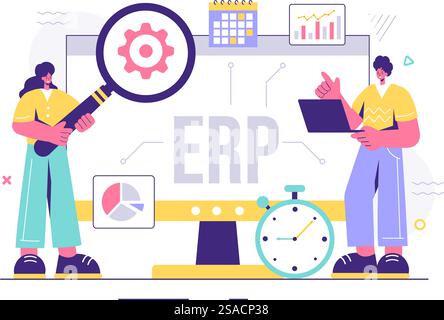 ERP Enterprise Resource Planning System Vector Illustration with Business Integration, Productivity, and Company Enhancement on a Flat Background Stock Vector
