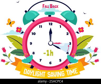 Daylight Saving Time Vector Illustration with Alarm Clock and Calendar Transitioning from Summer to Fall in a Flat Style Cartoon Background Design Stock Vector