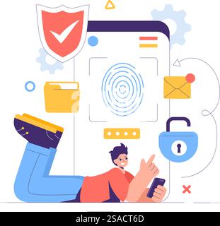 Cyber Security Vector Illustration of Data Protection, Safety Measures, and Secure Systems for Networks, Internet, and Backup Servers in a Background Stock Vector
