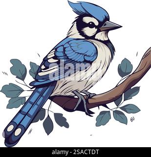 Blue jay bird sitting on a tree branch. Vector illustration. Stock Vector