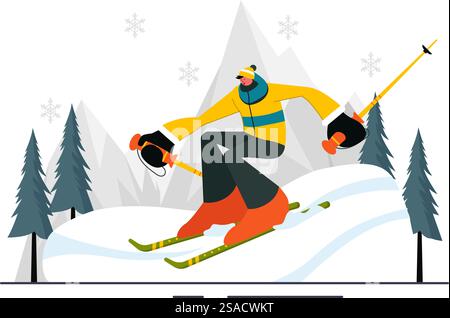 Skiing Vector Illustration featuring Skiers Sliding Down a Mountain at a Ski Resort in Flat Winter Sports Activities Style Cartoon Background Stock Vector