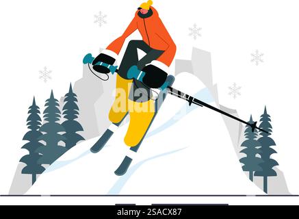 Skiing Vector Illustration featuring Skiers Sliding Down a Mountain at a Ski Resort in Flat Winter Sports Activities Style Cartoon Background Stock Vector