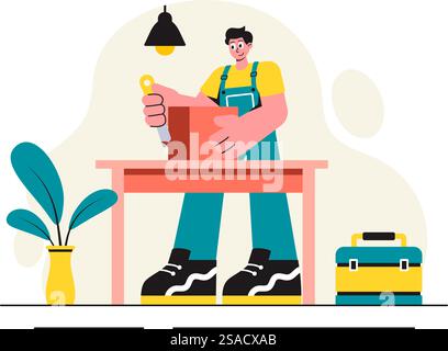 Woodworking Vector Illustration featuring Modern Craftsmen and Workers Producing Furniture Using Tools in a Flat Cartoon Style Background Stock Vector