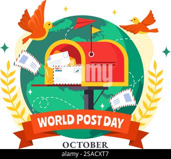 World Post Day Vector Illustration on October 9, Featuring a Red Mailbox Accepting Mail, Letters, and Parcels in a Flat Style Cartoon Background Stock Vector