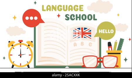 Language School Vector Illustration of Online Learning, Courses, Training Programs, and Studying Foreign Languages Abroad in a Flat Style Background Stock Vector