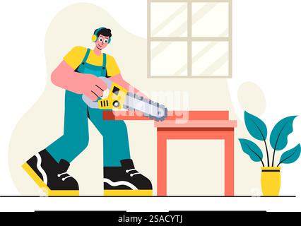 Woodworking Vector Illustration featuring Modern Craftsmen and Workers Producing Furniture Using Tools in a Flat Cartoon Style Background Stock Vector