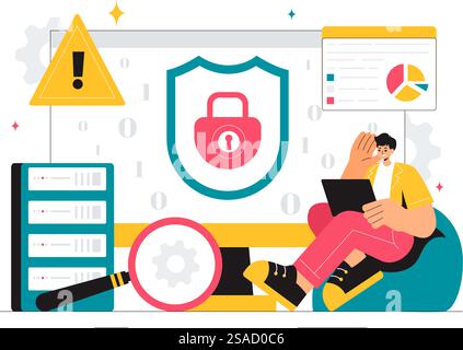 Vulnerability and Threat Management Solutions Vector Illustration featuring Data Breach Security Attack, Hacker Fraud, and Coding Issues in background Stock Vector