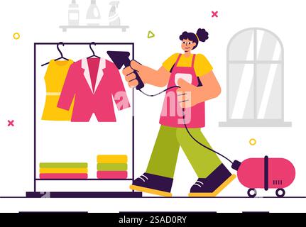 Dry Cleaning Store Service Vector Illustration featuring Washing Machines, Dryers, and Laundry Services for Clean and Fresh Clothing in a Background Stock Vector