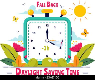 Daylight Saving Time Vector Illustration with Alarm Clock and Calendar Transitioning from Summer to Fall in a Flat Style Cartoon Background Design Stock Vector