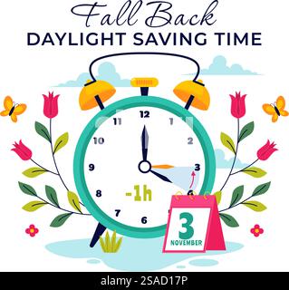 Daylight Saving Time Vector Illustration with Alarm Clock and Calendar Transitioning from Summer to Fall in a Flat Style Cartoon Background Design Stock Vector