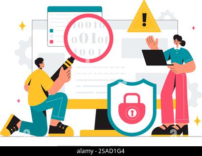 Vulnerability and Threat Management Solutions Vector Illustration featuring Data Breach Security Attack, Hacker Fraud, and Coding Issues in background Stock Vector
