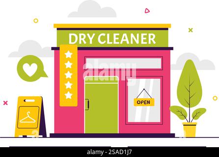 Dry Cleaning Store Service Vector Illustration featuring Washing Machines, Dryers, and Laundry Services for Clean and Fresh Clothing in a Background Stock Vector