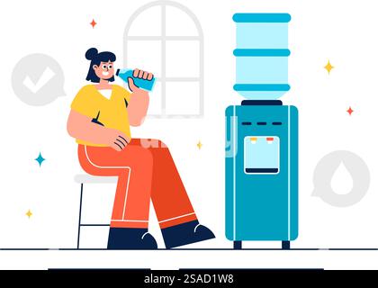 Vector Illustration of People Drinking Water from Plastic Bottles and Glasses, Featuring a Pure and Fresh Concept in a Flat Style Cartoon Background Stock Vector