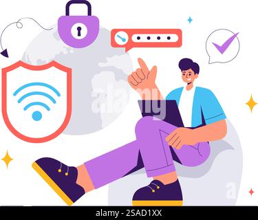 WiFi Security Vector Illustration with Wireless Technology Devices for Internet Connection, Network Protection, Safe Access, and Password Encryption Stock Vector