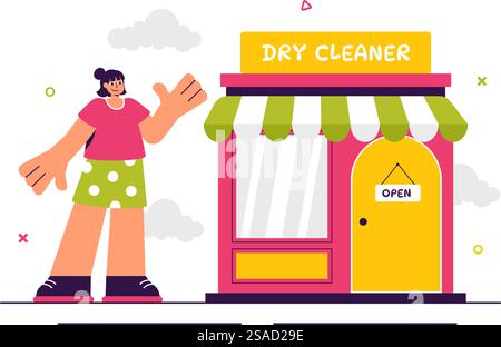 Dry Cleaning Store Service Vector Illustration featuring Washing Machines, Dryers, and Laundry Services for Clean and Fresh Clothing in a Background Stock Vector