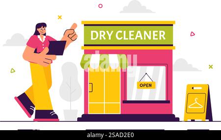 Dry Cleaning Store Service Vector Illustration featuring Washing Machines, Dryers, and Laundry Services for Clean and Fresh Clothing in a Background Stock Vector