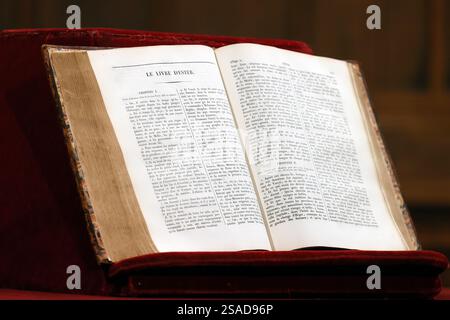 Old bible open in a church. The book of Esther. Paris. France. Stock Photo