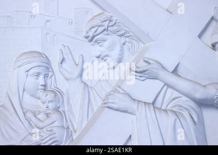 The Redeemer Church (or Notre Dame Cathedral).  Way of the cross. 8th Station: Jesus meets the women of Jerusalem.  Ho Chi Minh City.  Vietnam. Stock Photo