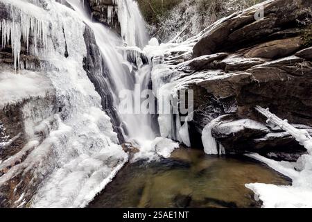 Frozen Reece Place Falls in winter - Headwaters State Forest, near Brevard, North Carolina, USA Stock Photo
