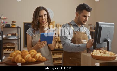 Woman and man working together in a cozy bakery interior wearing aprons while using digital tablet and computer with croissants and pastries on displa Stock Photo