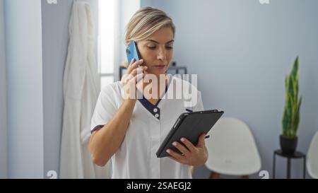 Woman working in a spa salon, talking on the phone while using a tablet and wearing a white uniform in an indoor beauty center with a modern interior. Stock Photo