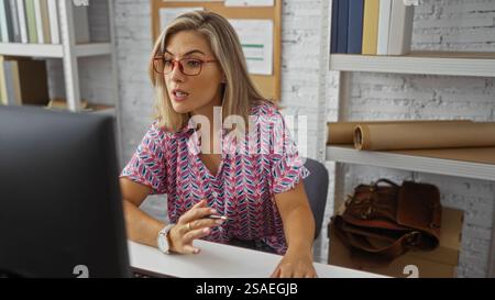 Woman working in an office setting with a computer, surrounded by shelves and paperwork, wearing glasses and a patterned shirt, focused on her task in Stock Photo