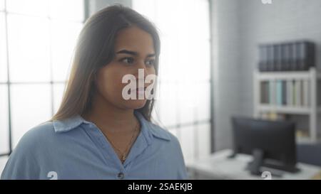 Young woman in a modern office setting, looking thoughtful and focused with natural light filtering through large windows, emphasizing a professional Stock Photo