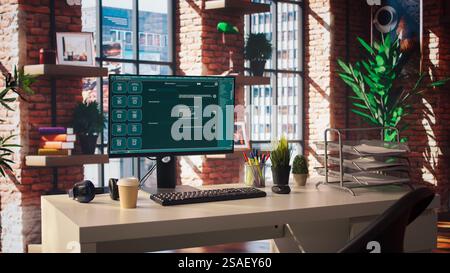 Focus on AI LLM chatbot GPT software on PC monitor in modern home office. Panning shot of large language model application on computer display communicating with user through artificial intelligence Stock Photo