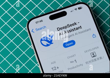 New York, USA - January 28, 2025: DeepSeek AI Assistant on appstore on smartphone screen close up view Stock Photo