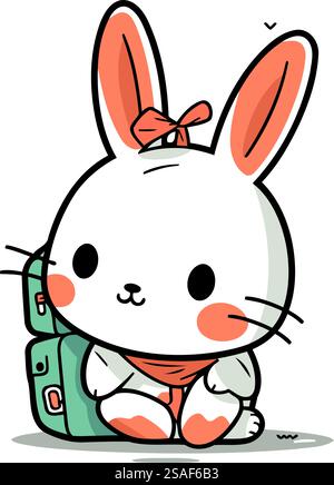 Rabbit travel with backpack. Cute cartoon character vector illustration. Stock Vector