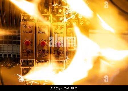 Electrical Short Circuit Causing Fire Outbreak Stock Photo