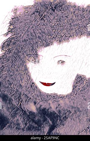 Mannequin model has smile on red lips, eyes, eyebrows. She is wearing a hat, feathers, furs & scarf. Pleasant feminine pose woman lady is dressed up. Stock Photo