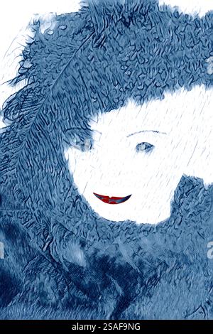Mannequin model has smile on red lips, eyes, eyebrows. She is wearing a hat, feathers, furs & scarf. Woman poses as feminine lady dressed for a party. Stock Photo