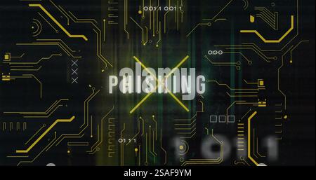 Image of phishing text over data processing and server room Stock Photo