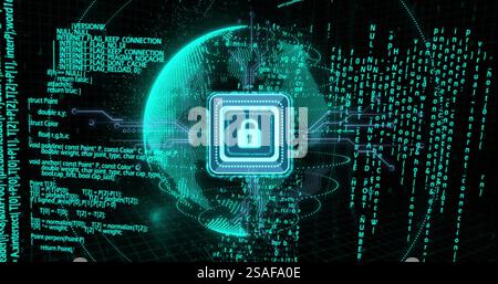 Image of padlock icon and data processing over globe Stock Photo