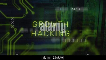 Image of growth hacking text over data processing and server room Stock Photo
