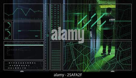 Image of data processing over asian male worker in server room Stock Photo