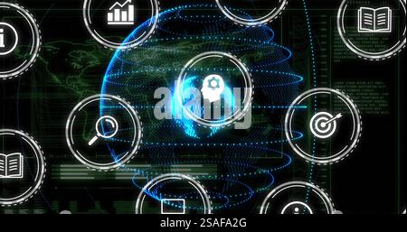 Image of digital icons and data processing over globe Stock Photo