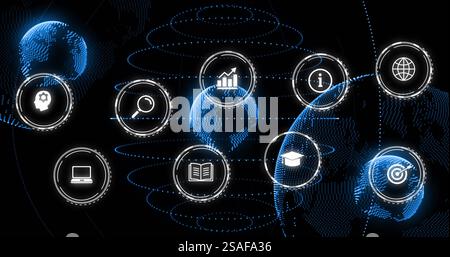 Image of digital icons and data processing over globes Stock Photo