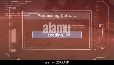 Image of data processing and loading bar over computing board Stock Photo