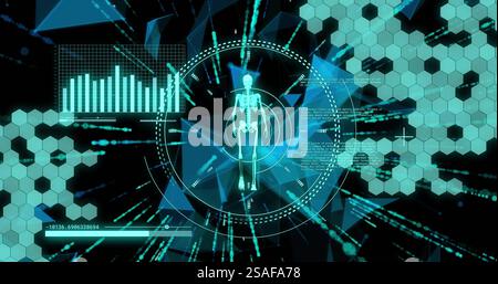 Image of diagrams and data processing over walking skeleton Stock Photo