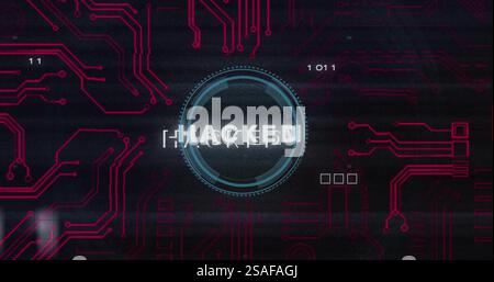 Image of hacked text and digital data processing over black background Stock Photo