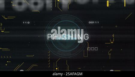 Image of phishing text and digital data processing over black background Stock Photo