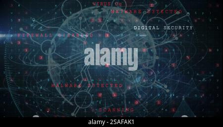 Image of text, digital data processing and globe over dark background Stock Photo
